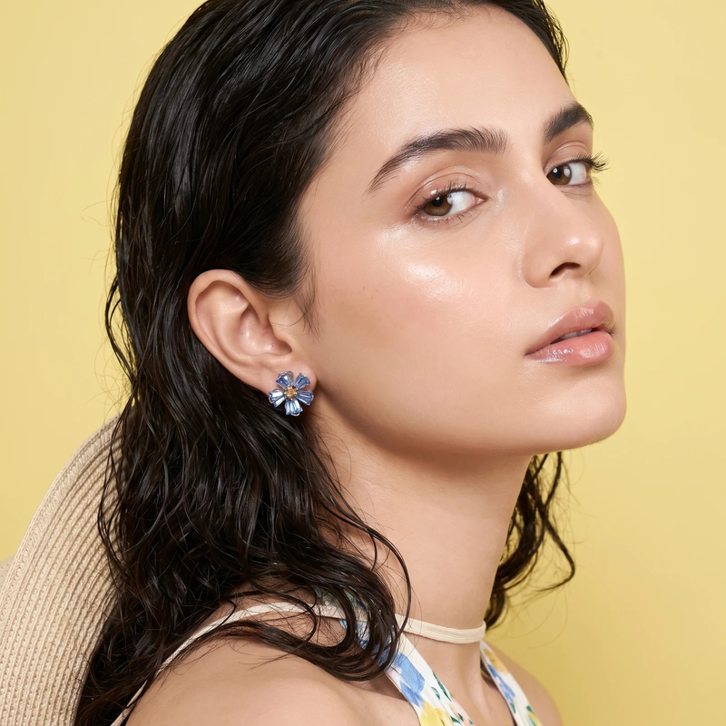 Side profile on ear: Sapphire Crystal Flower Stud Earrings