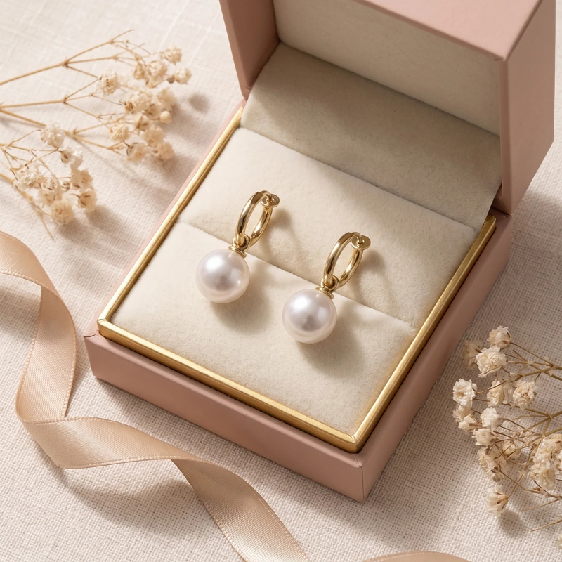 Gift box: Gold Pearl Huggie Hoop Earrings