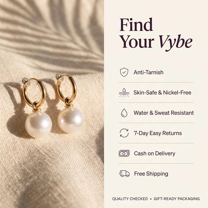 Features and promises: Gold Pearl Huggie Hoop Earrings