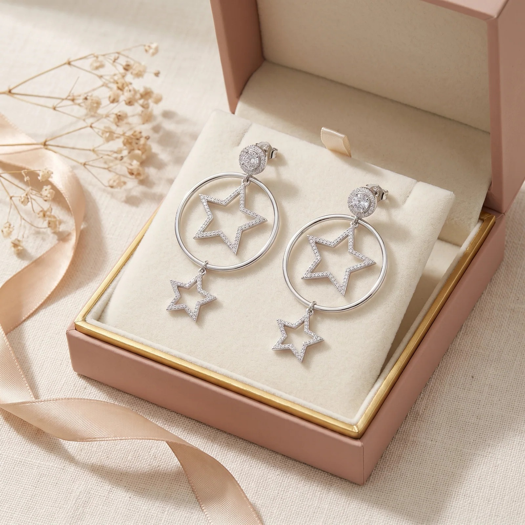 Gift box: Silver Celestial Star Hoop Drop Earring