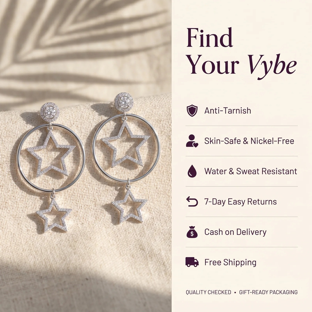 Features and promises: Silver Celestial Star Hoop Drop Earring