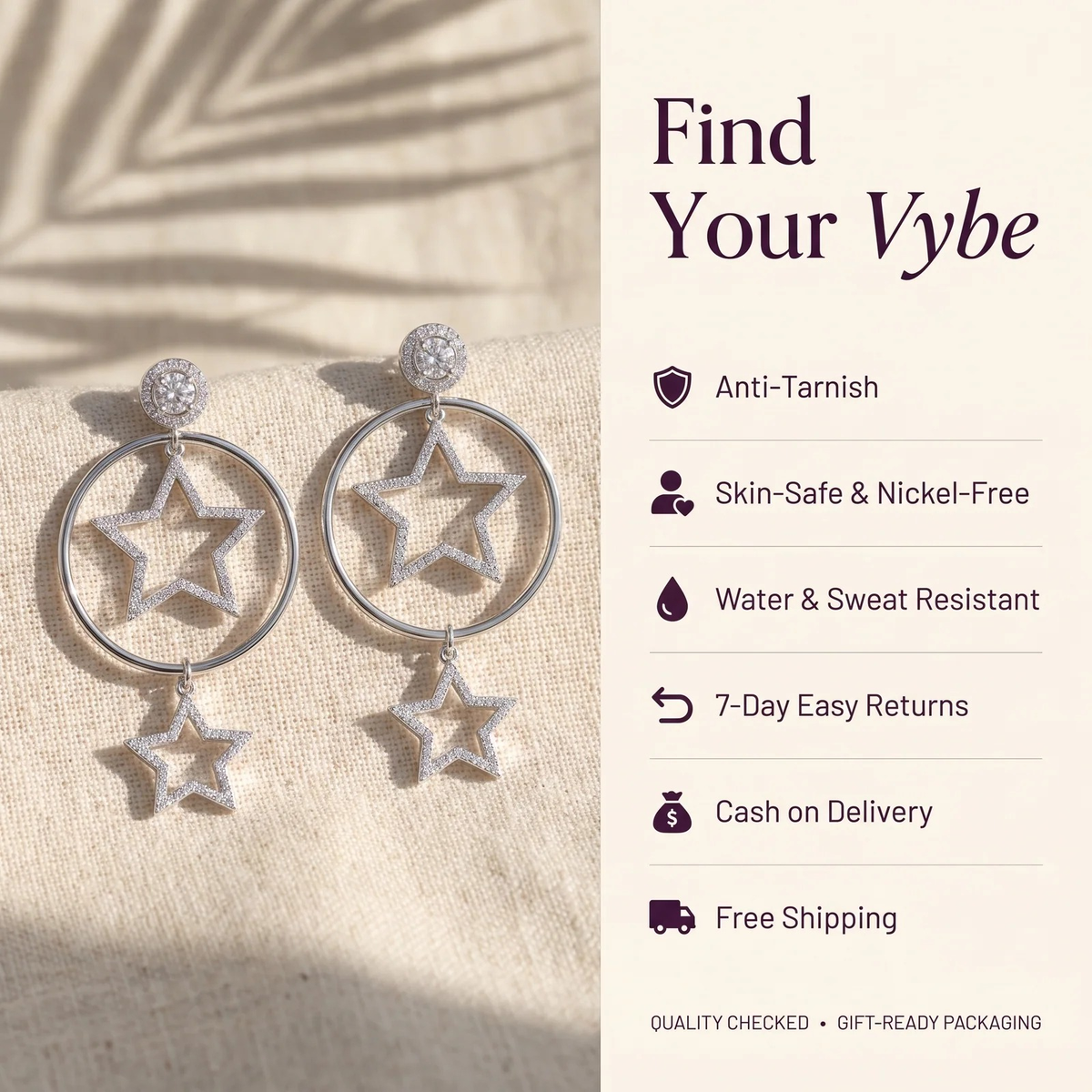 Features and promises: Silver Celestial Star Hoop Drop Earring