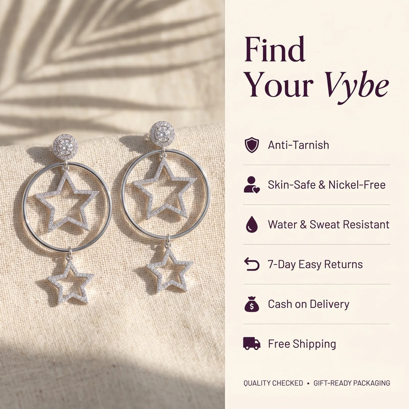 Features and promises: Silver Celestial Star Hoop Drop Earring
