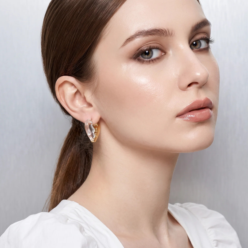 Side profile on ear: Clear Acrylic Broken Heart Hoop Earrings