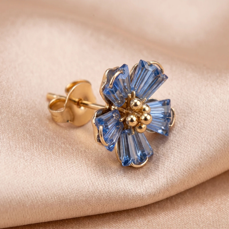 Close-up detail of Sapphire Crystal Flower Stud Earrings