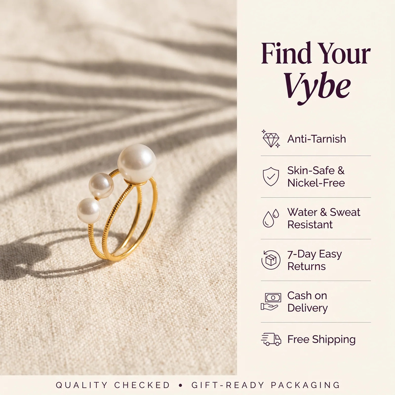 Features and promises: Triple Pearl Open Ring