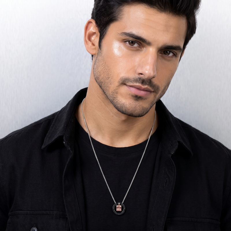 Model wearing Black Ring Square Pendant Necklace