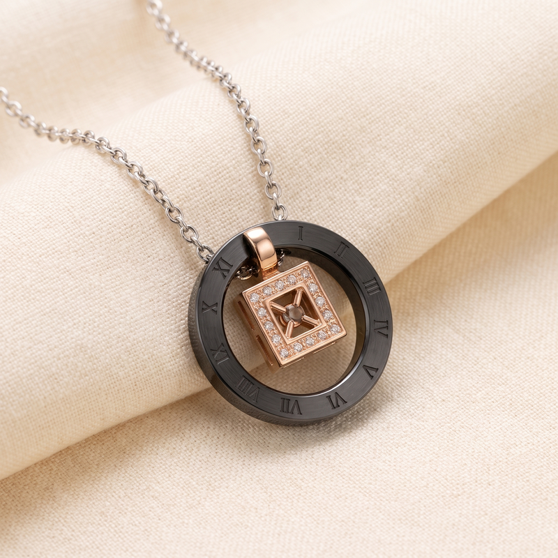 Close-up detail of Black Ring Square Pendant Necklace