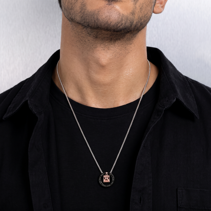 Worn on neckline: Black Ring Square Pendant Necklace