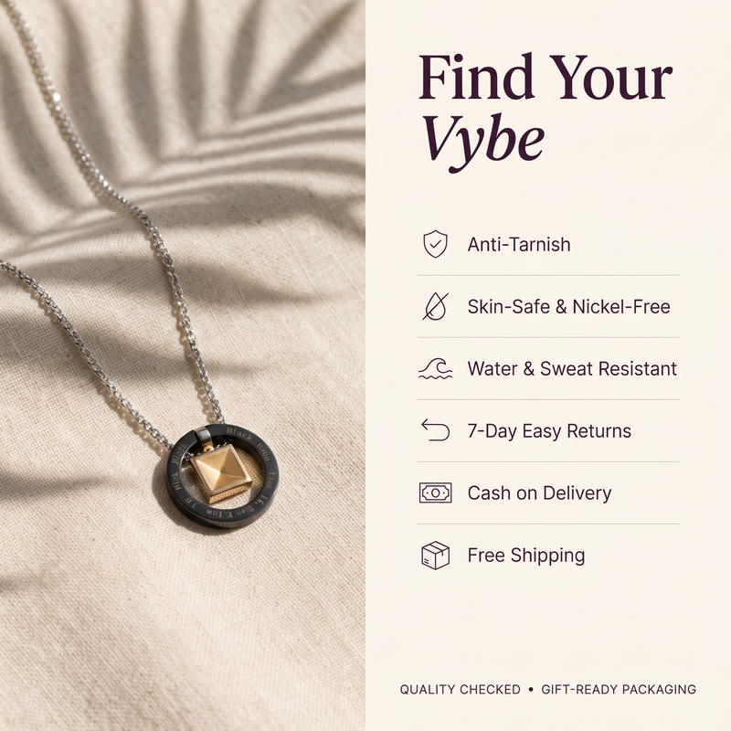 Features and promises: Black Ring Square Pendant Necklace