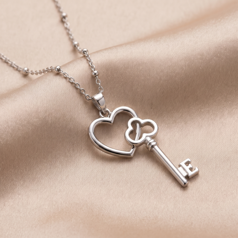 Close-up detail of Heart & Key Pendant Necklace