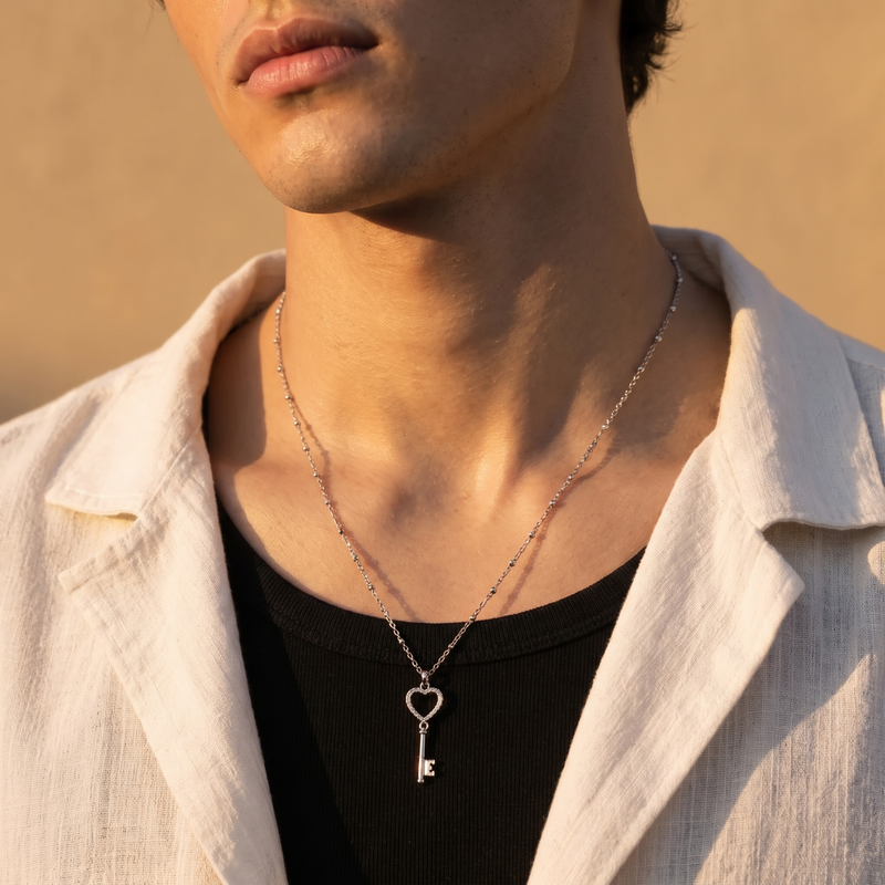 Worn on neckline: Heart & Key Pendant Necklace