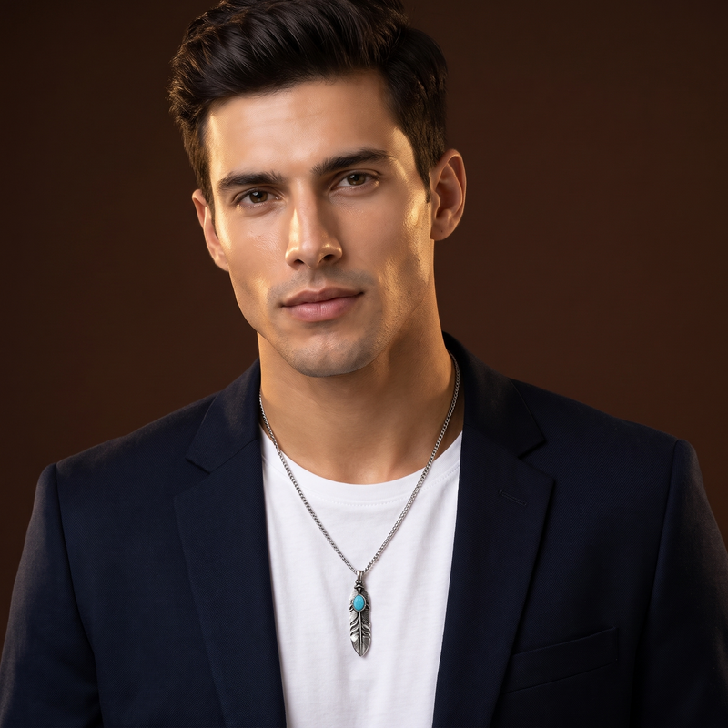 Model wearing Blue Stone Feather Pendant Necklace