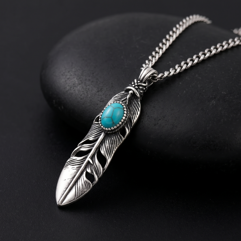 Close-up detail of Blue Stone Feather Pendant Necklace