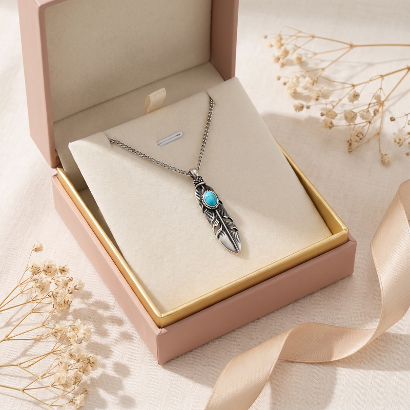 Gift box: Blue Stone Feather Pendant Necklace