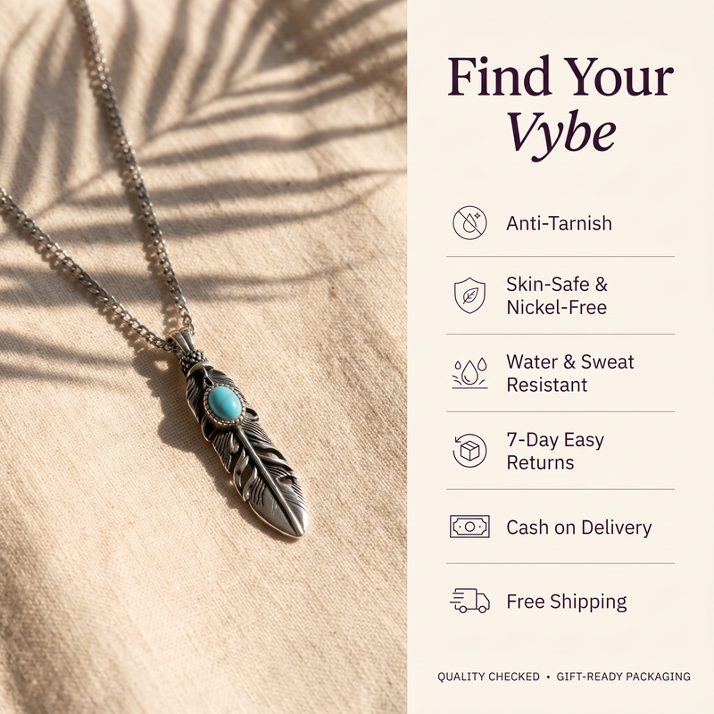 Features and promises: Blue Stone Feather Pendant Necklace