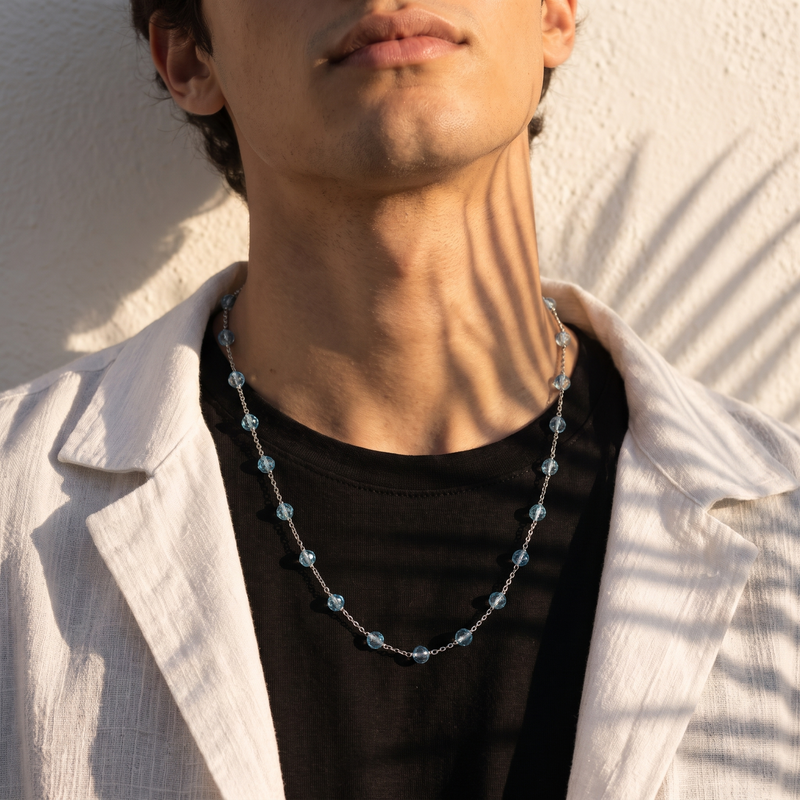Worn on neckline: Blue Crystal Beaded Necklace