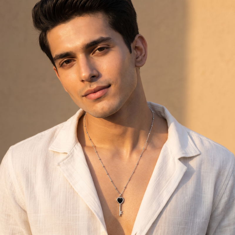 Model wearing Black Heart Key Pendant Chain