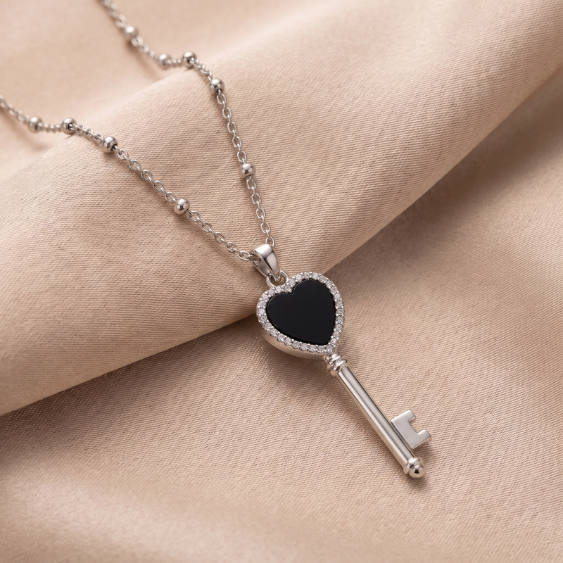 Close-up detail of Black Heart Key Pendant Chain