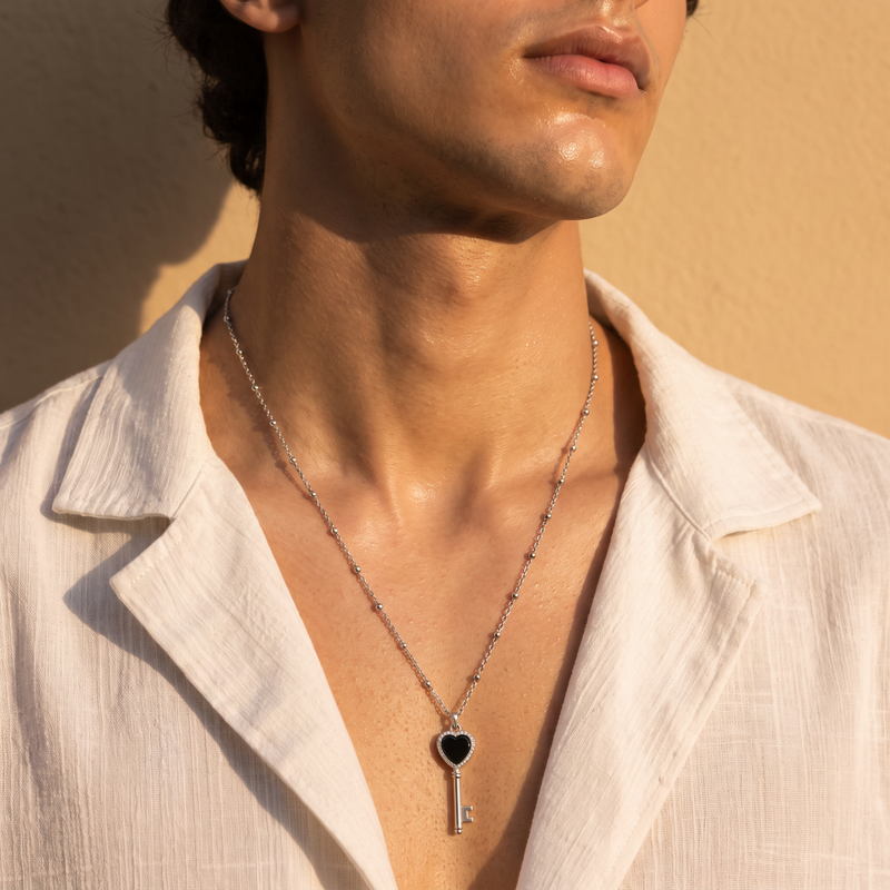 Worn on neckline: Black Heart Key Pendant Chain