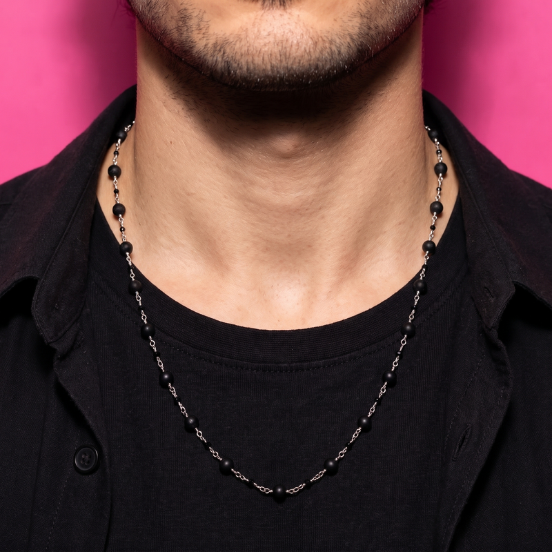 Worn on neckline: Black Onyx Beaded Chain