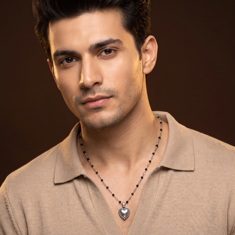 Model wearing Black Beaded Heart Pendant Chain