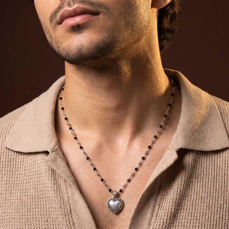 Worn on neckline: Black Beaded Heart Pendant Chain