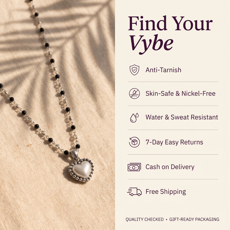 Features and promises: Black Beaded Heart Pendant Chain