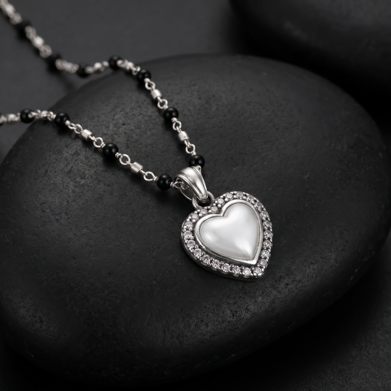 Close-up detail of Black Beaded Heart Pendant Chain
