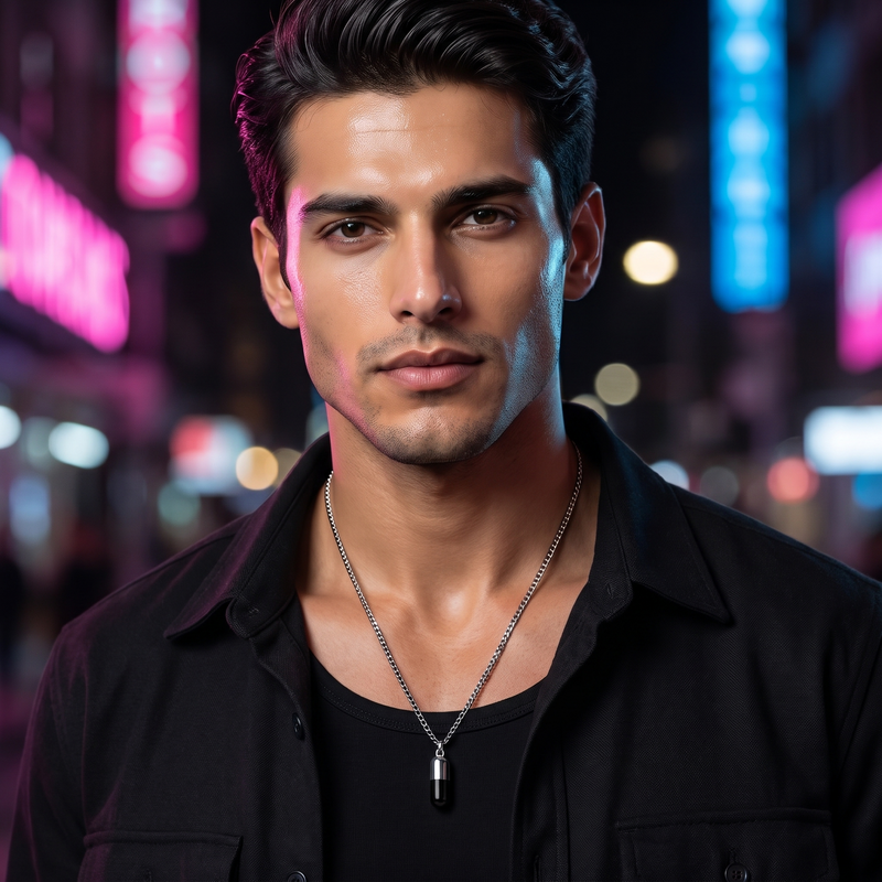 Model wearing Black Capsule Pendant Chain