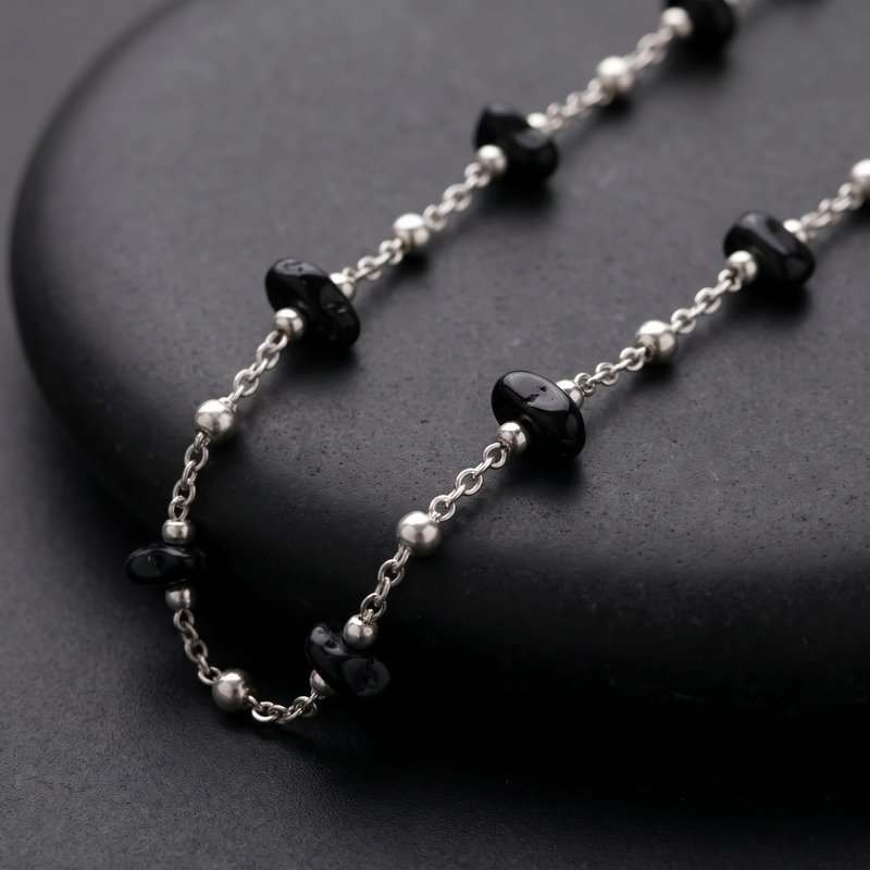 Close-up detail of Black Stone Beaded Chain