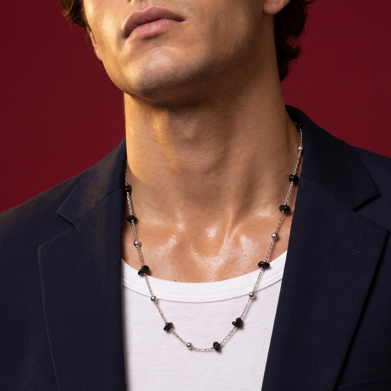 Worn on neckline: Black Stone Beaded Chain