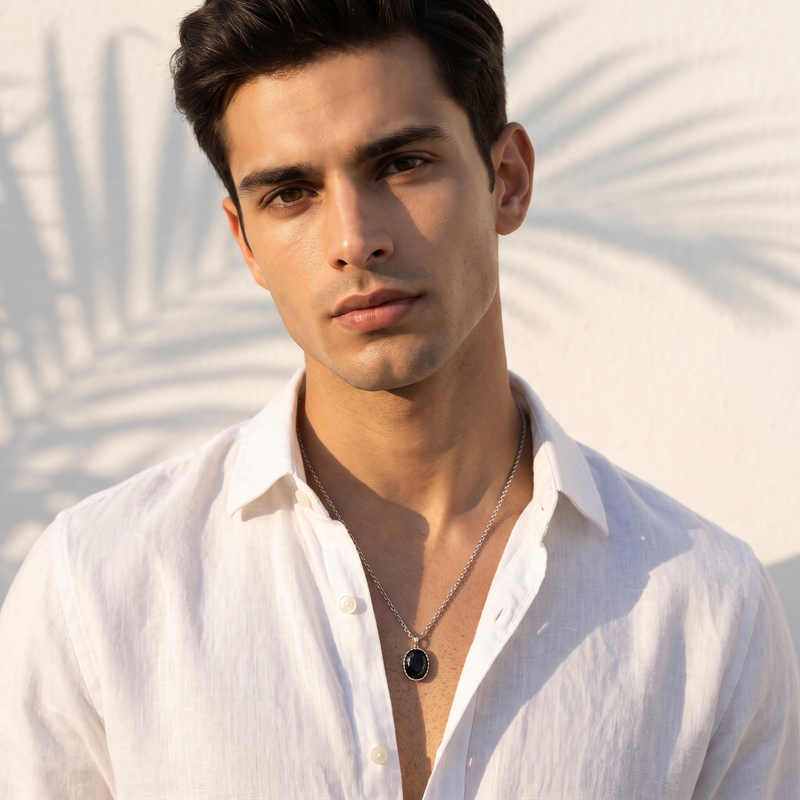 Model wearing Black Oval Pendant Chain