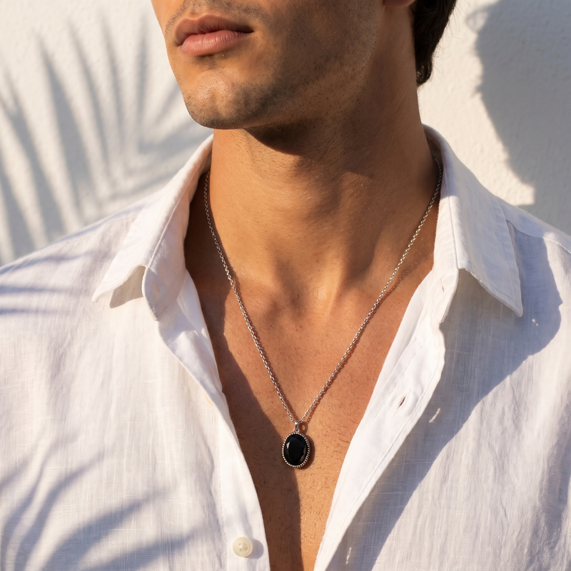 Worn on neckline: Black Oval Pendant Chain