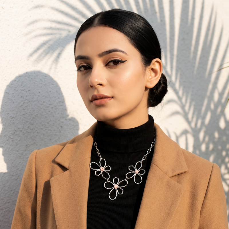 Model wearing Silver Wire Flower Necklace