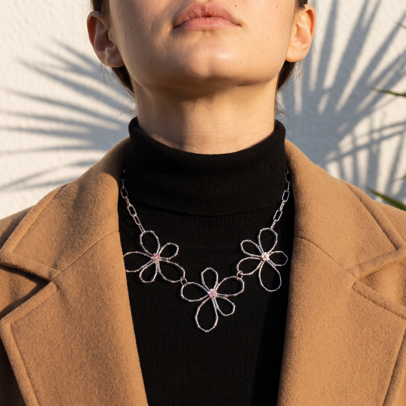 Worn on neckline: Silver Wire Flower Necklace
