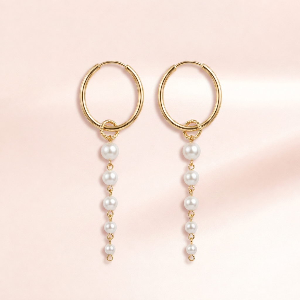 A pair of gold hoop earrings with dangling pearl bead chains, displayed on a soft pink background.