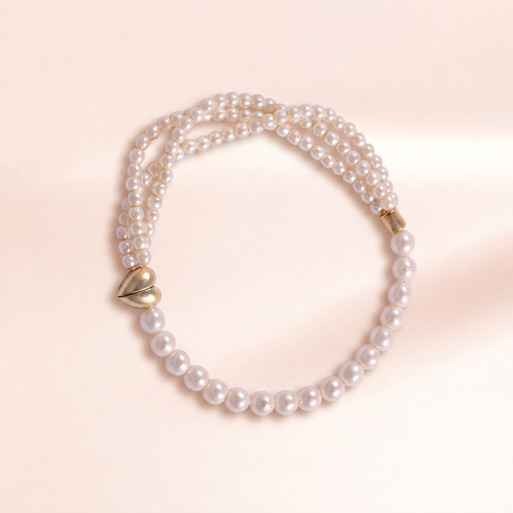 Twin Strand Pearl & Gold Heart Bracelet