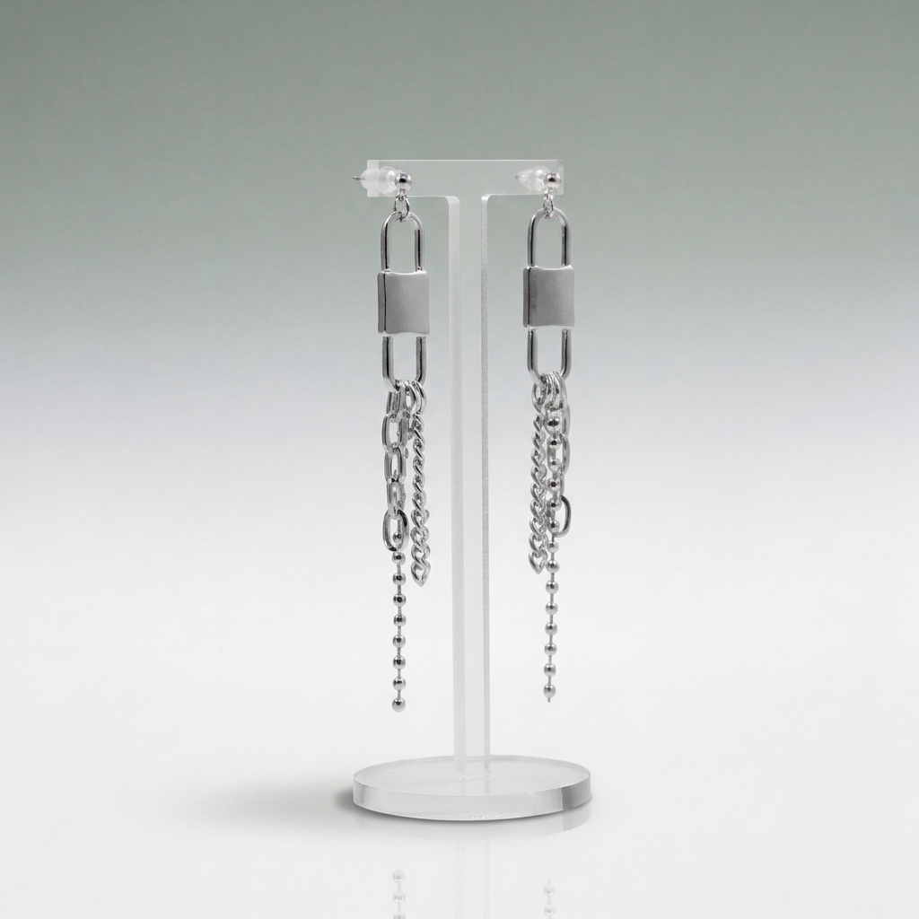 Silver Padlock Chain Cascade Earrings
