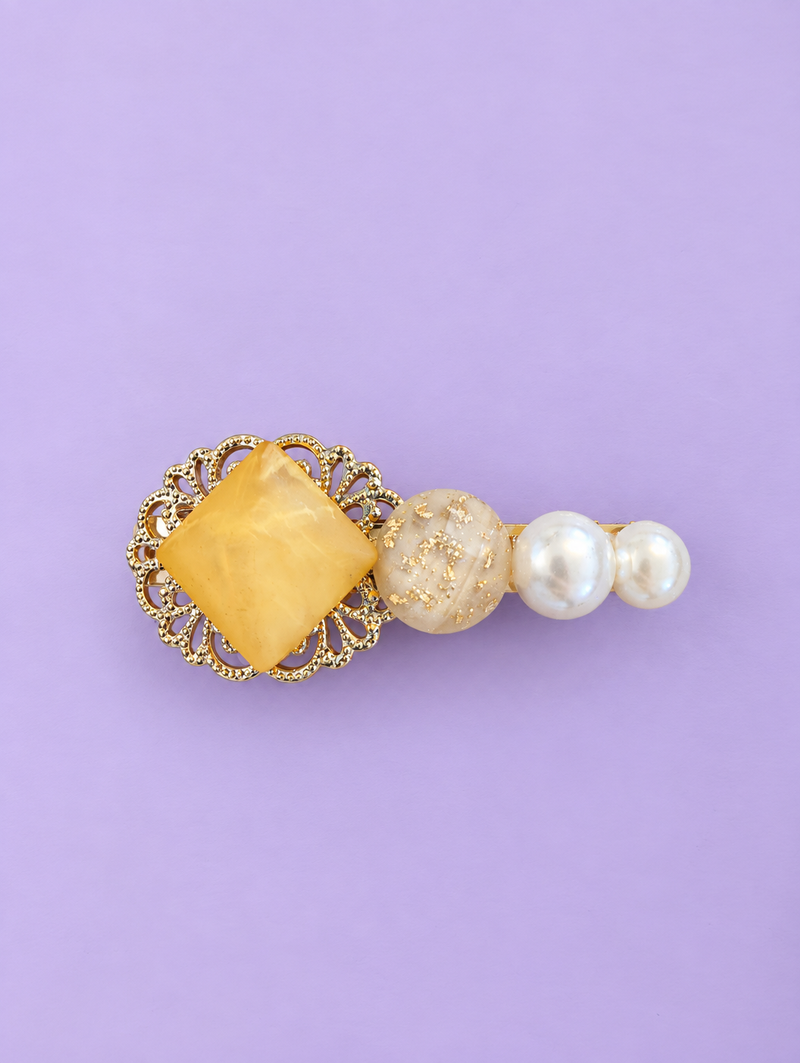 Tweed Fabric Button & Metallic Charm Hair Clip