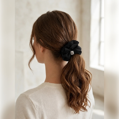 Embellished Black Fabric Scrunchie