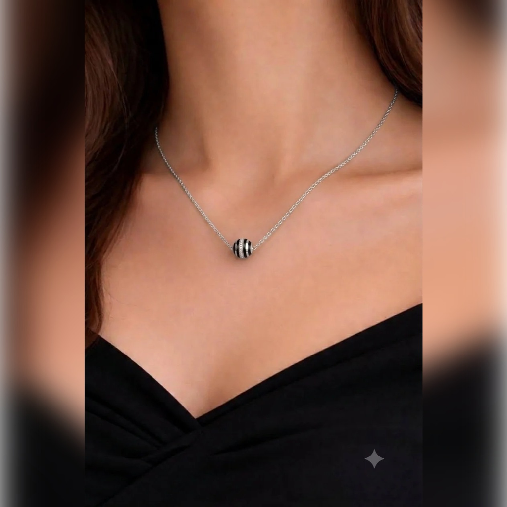 Black & Silver Enamel Striped Ball Necklace | Vybe Global Store